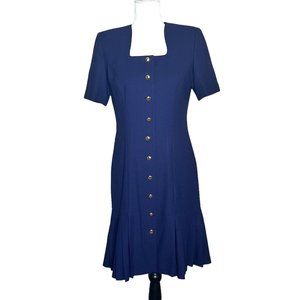 Liz Claiborne Petite Dress Vintage 70s Drop Waist Navy Blue Pleat Hem Size 4P